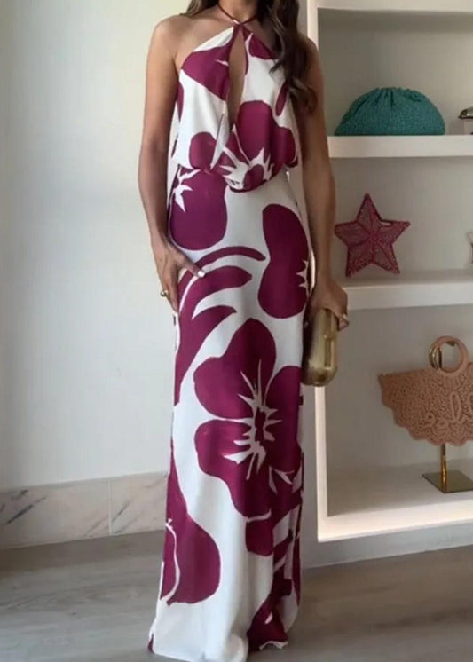 Printed hollow halter neck maxi dress