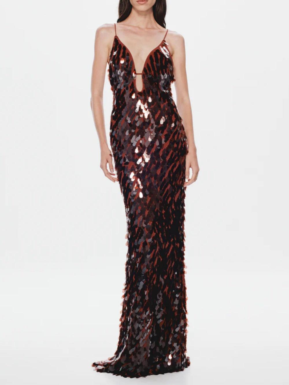 Low-cut hollow strap backless sequined dress