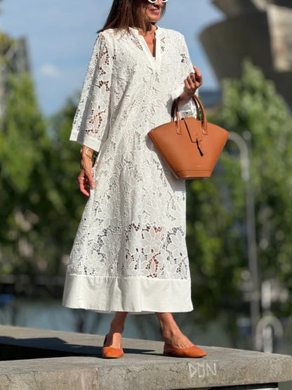 V-neck lace white loose dress