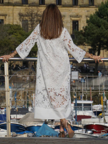 V-neck lace white loose dress