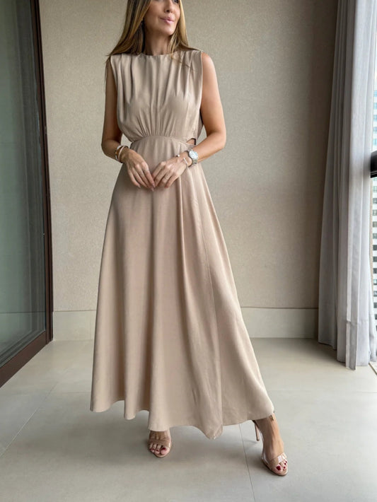 Beige sleeveless dress with hollow waist