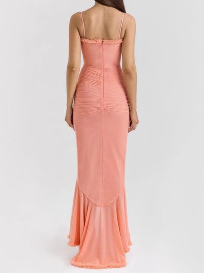 Off-the-shoulder mesh maxi dress