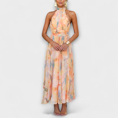 Halter-Neck Aquarell Print Maxi Dress