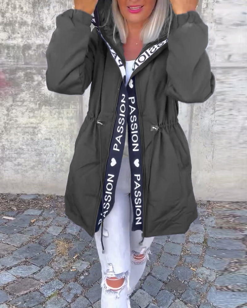 Casual coat with hood and drawstring in letter pattern