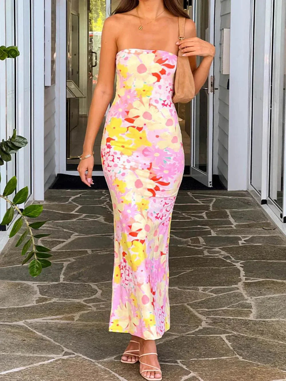 Strapless Color Block Printed Maxi Party Dress