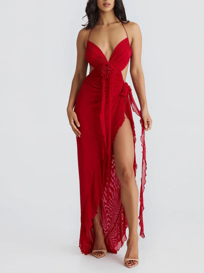 Backless hanging rope sleeveless personalized slit ribbon dress