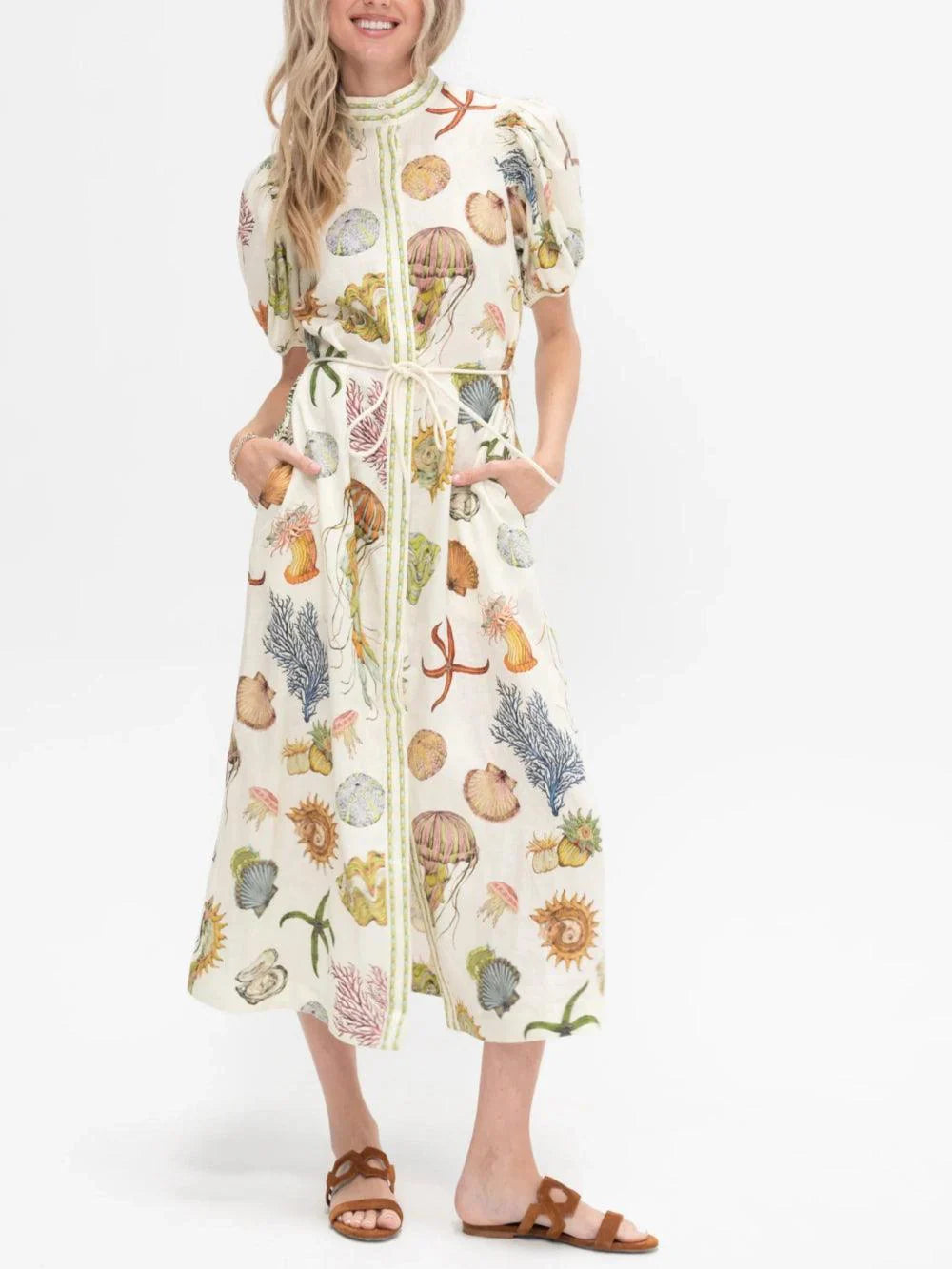 Multicolor V-knit Long Button-front Shirt Dress