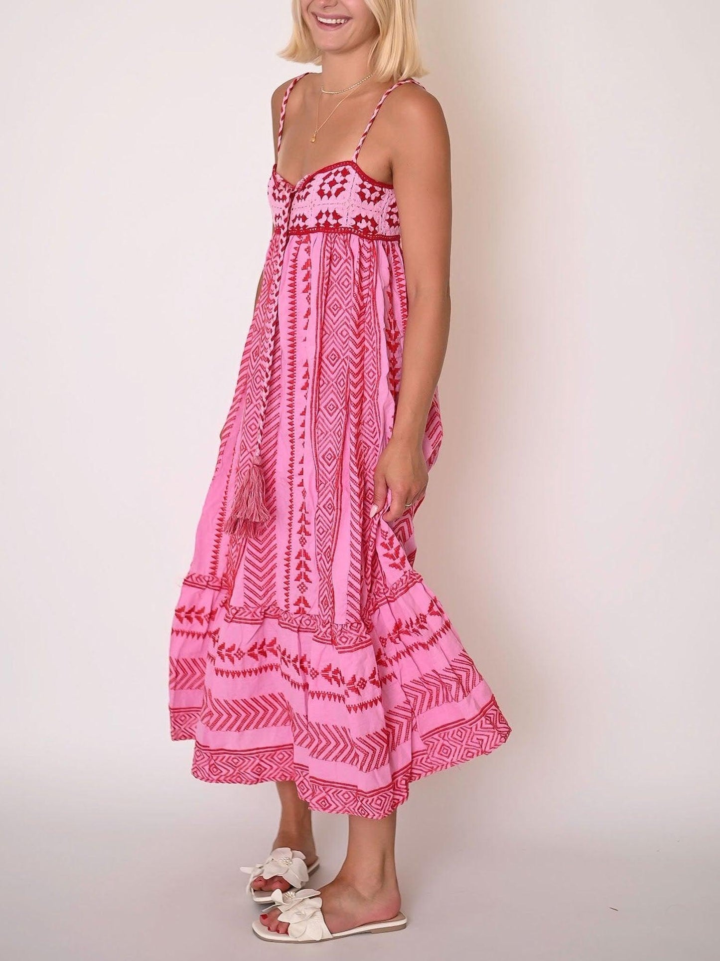 Pink Embroidered Midi Dress