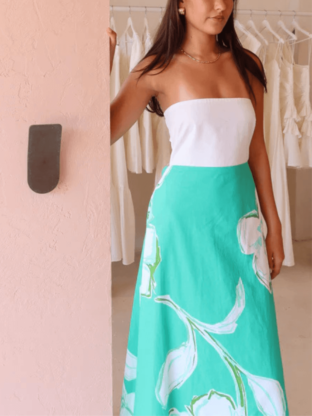 By Nicola Wavy Strapless Maxi Dress in White Verde Fleur