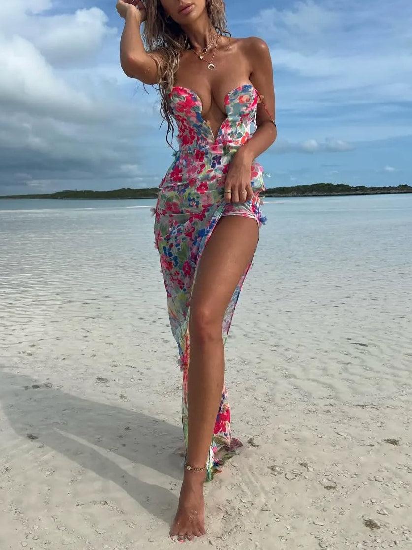 Long dress with deep V print