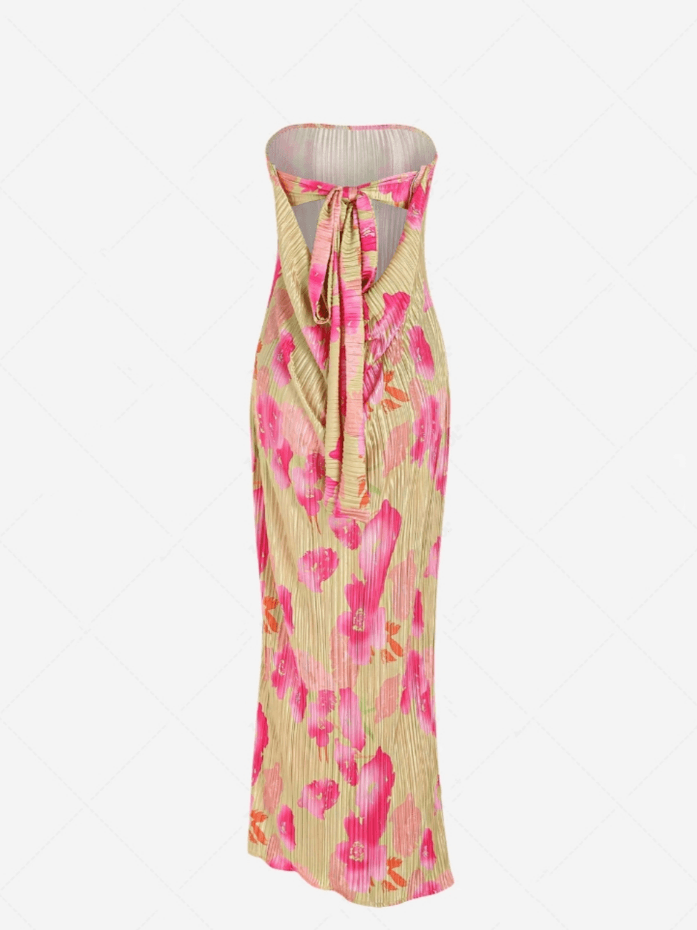 Abstract Floral Print Tied Open Back Pleated Strapless Maxi Tube Dress