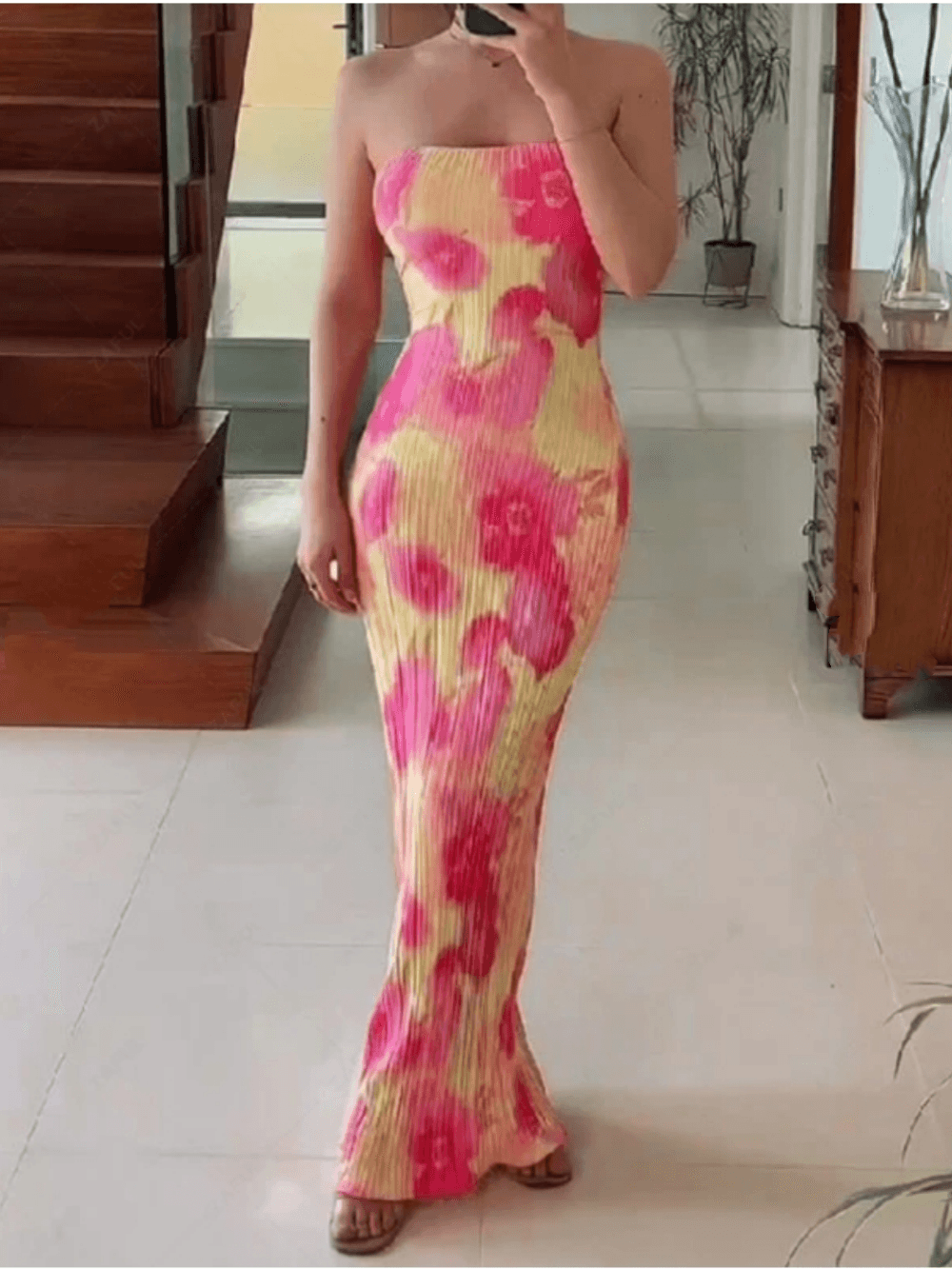 Abstract Floral Print Tied Open Back Pleated Strapless Maxi Tube Dress