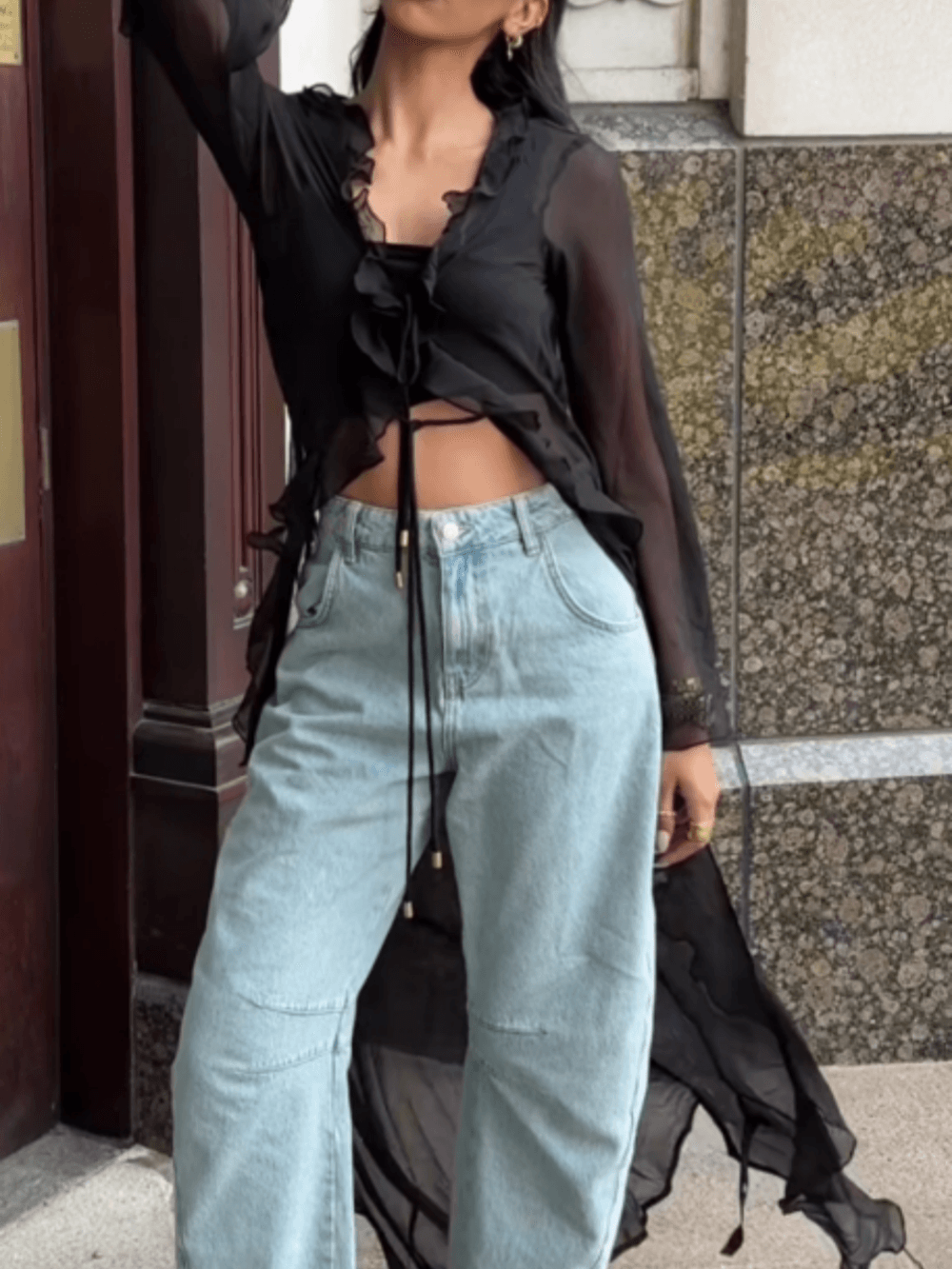 Tie-strap mesh see-through long-sleeved maxi dress