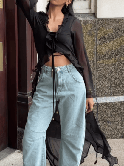 Tie-strap mesh see-through long-sleeved maxi dress