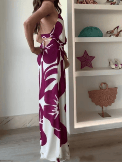 Printed hollow halter neck maxi dress