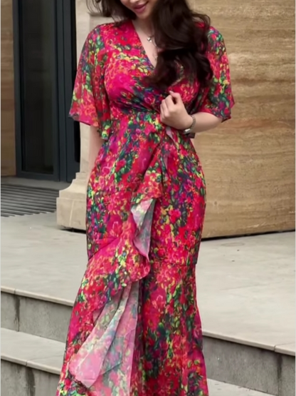 V-neck chiffon print dress with large sleeves