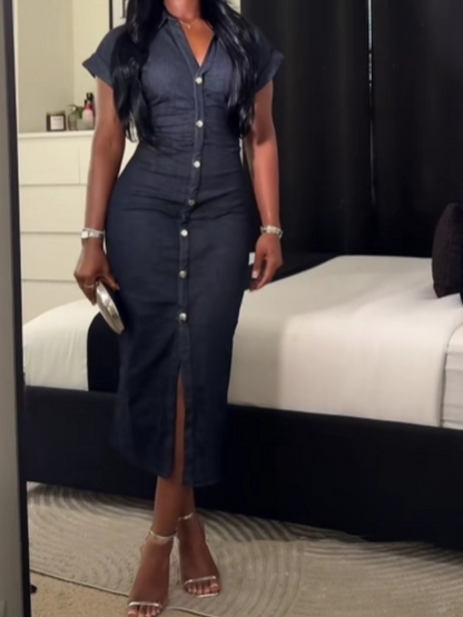 Elegant single-breasted slim-fit denim dress