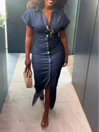 Elegant single-breasted slim-fit denim dress