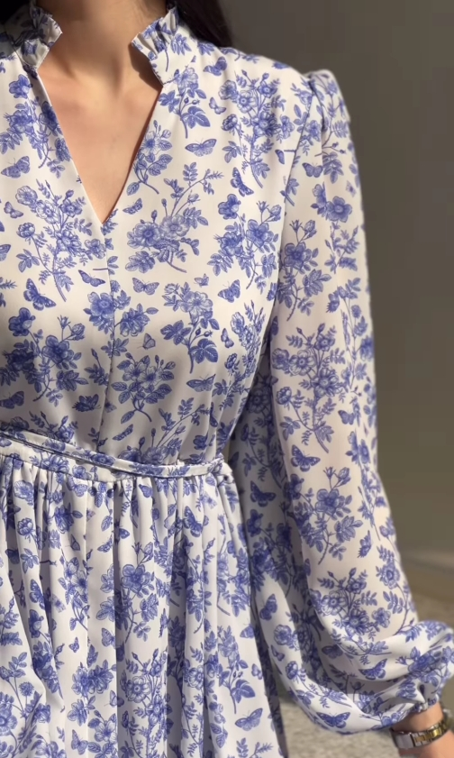 V-neck blue floral loose dress