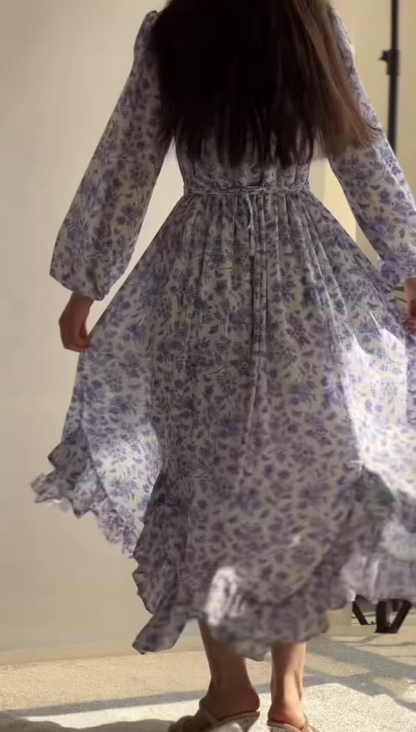 V-neck blue floral loose dress