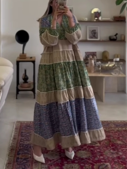 V-neck colorblock loose puffy dress