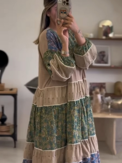 V-neck colorblock loose puffy dress