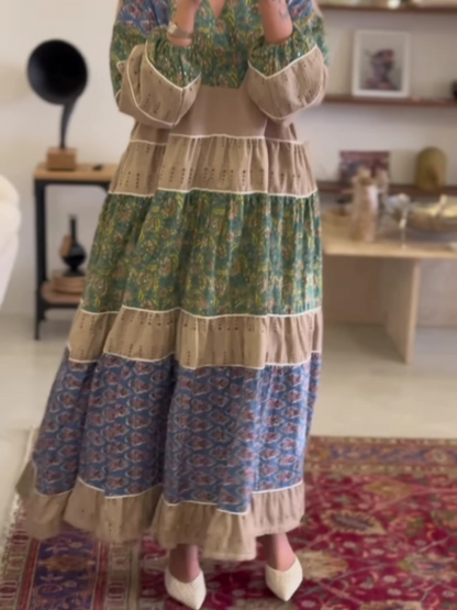 V-neck colorblock loose puffy dress