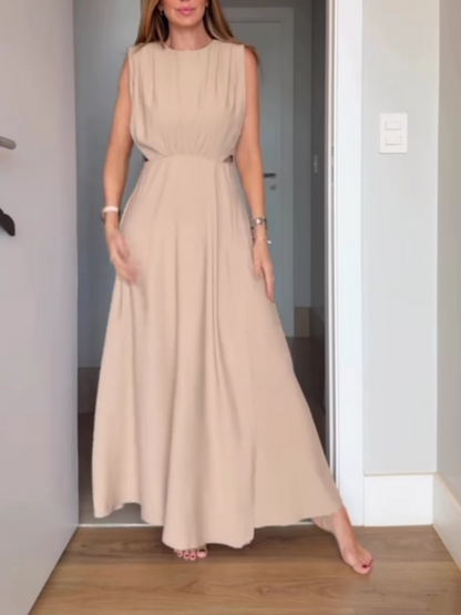 Beige sleeveless dress with hollow waist