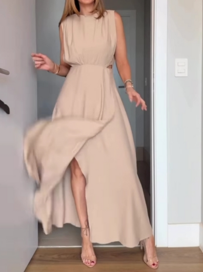 Beige sleeveless dress with hollow waist