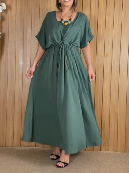 Women's Solid V Neck Drawstring Linen Dress