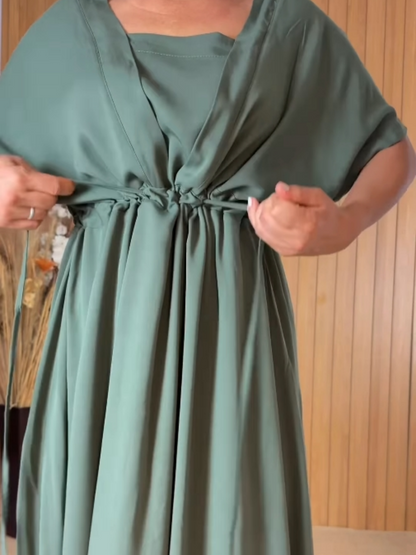 Women's Solid V Neck Drawstring Linen Dress