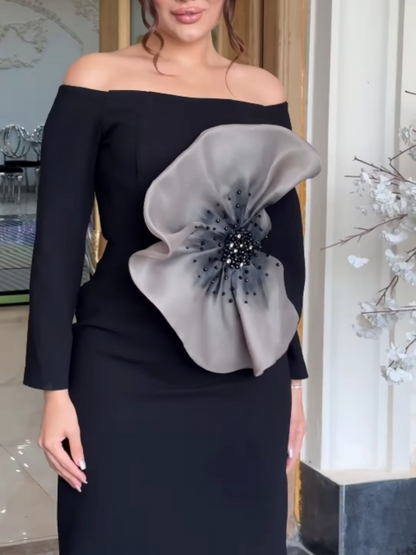 Exaggerated floral off-the-shoulder midi dress