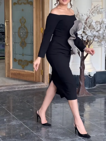 Exaggerated floral off-the-shoulder midi dress