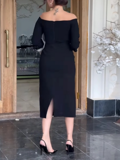 Exaggerated floral off-the-shoulder midi dress