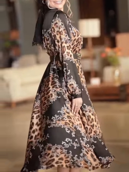 Leopard Print Satin Lapel Shirt Dress
