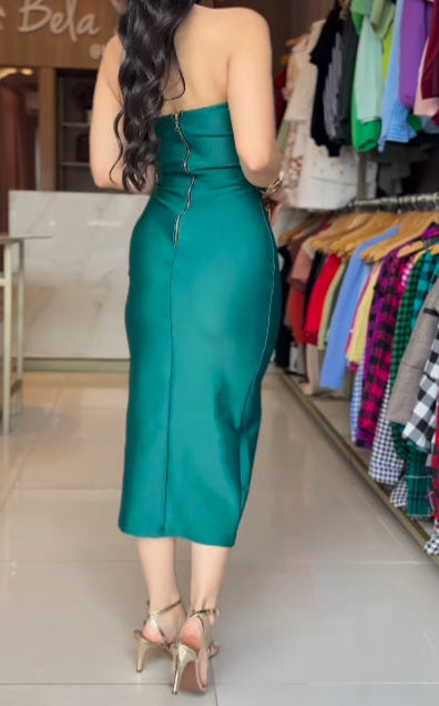 Satin irregular tube top midi dress