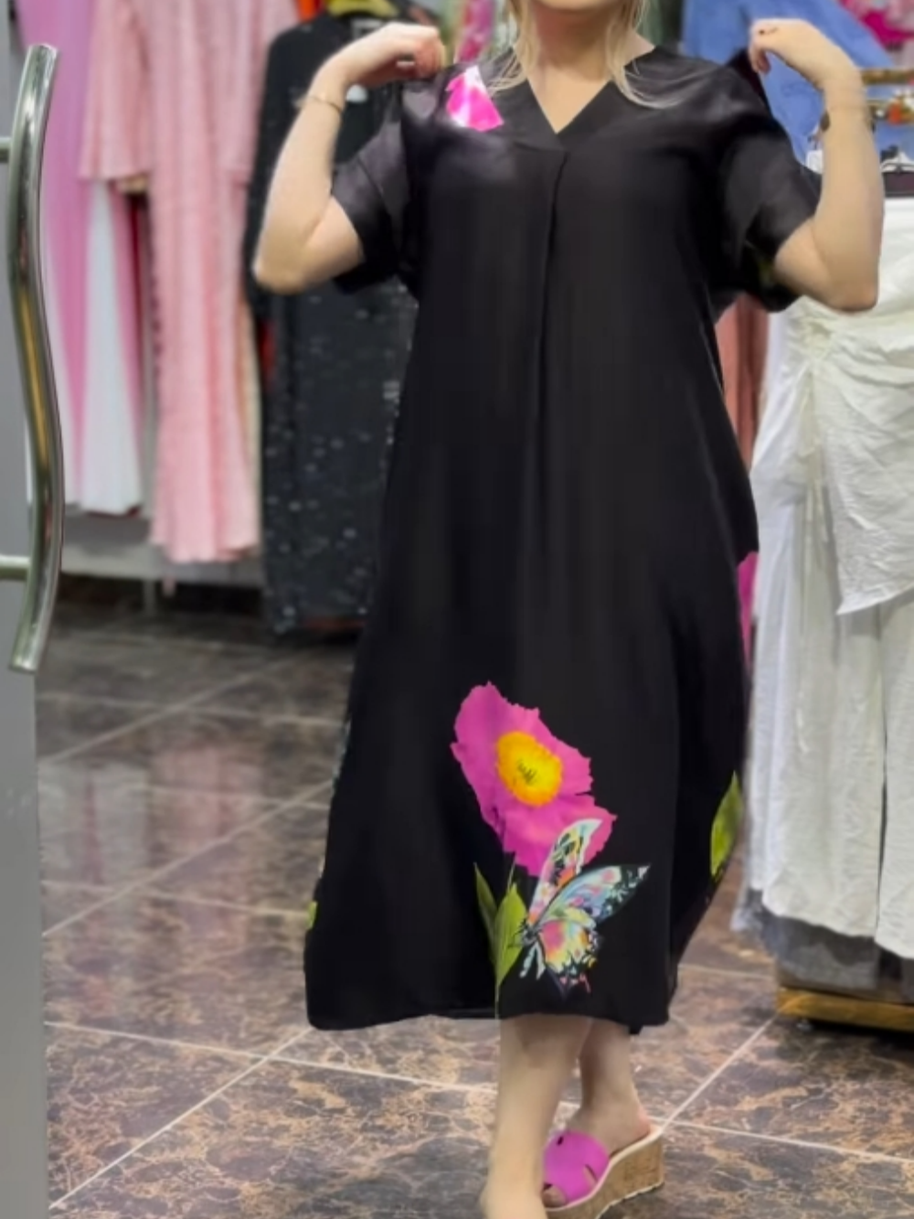 V-neck short sleeve partial print midi dress