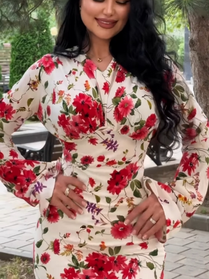 Charm Print Long Sleeve Wrap Dress