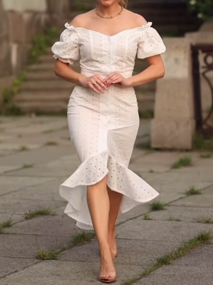 Puff Sleeve Textured Fishtail Dress