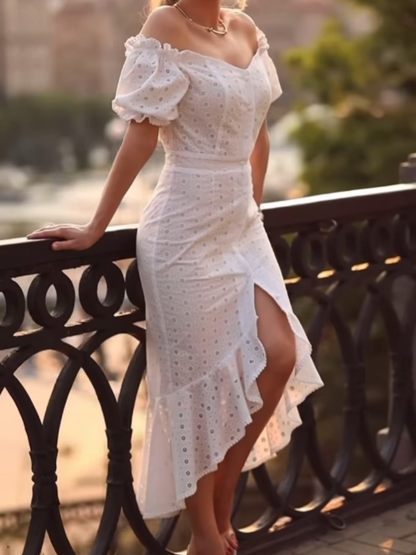 Puff Sleeve Textured Fishtail Dress