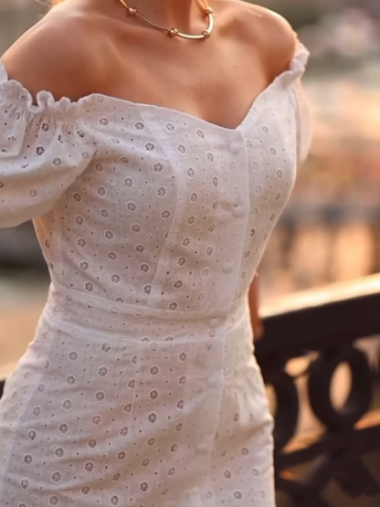 Puff Sleeve Textured Fishtail Dress