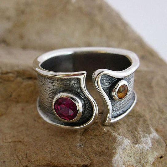 Vintage Silver Red & Orange Crystal Ring
