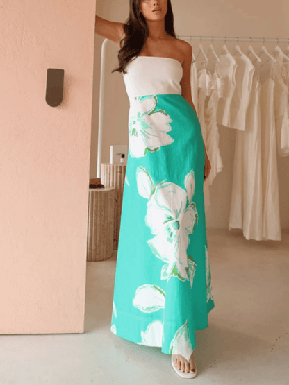By Nicola Wavy Strapless Maxi Dress in White Verde Fleur