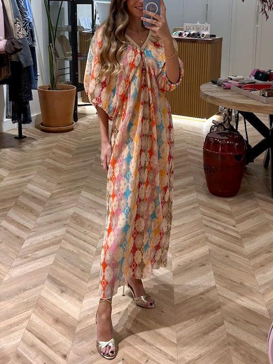 Unique Mosaic Printed Puff Sleeve Pleated Midi Dress
