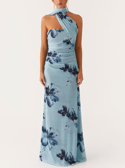 Elegant Floral Print Off-the-shoulder Maxi Dress