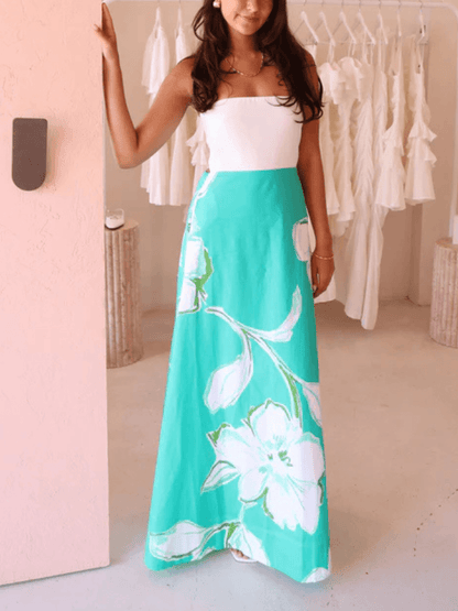By Nicola Wavy Strapless Maxi Dress in White Verde Fleur