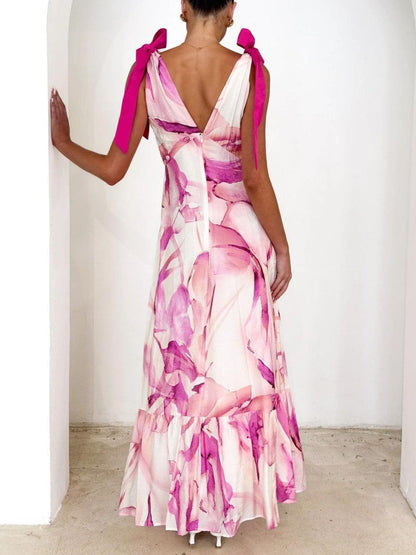 Lace-up V-neck printed dress