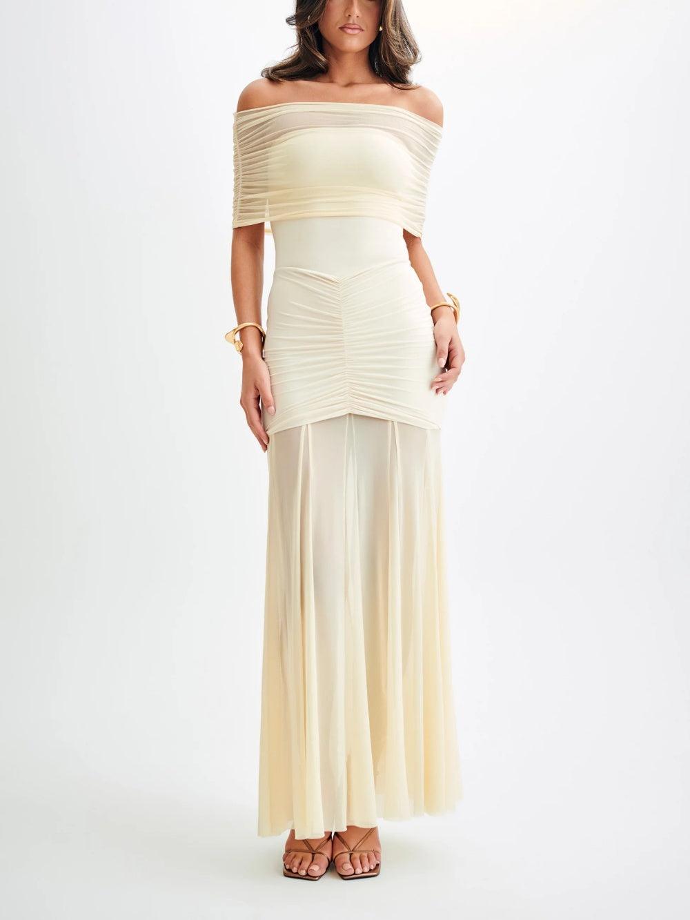 Caspian Slinky And Mesh Off Shoulder Maxi Dress