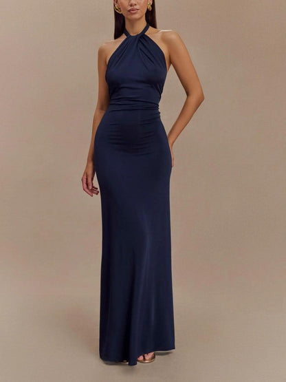 Slinky Halter Maxi Dress - Navy