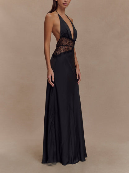 Deep V silk satin maxi dress with halterneck
